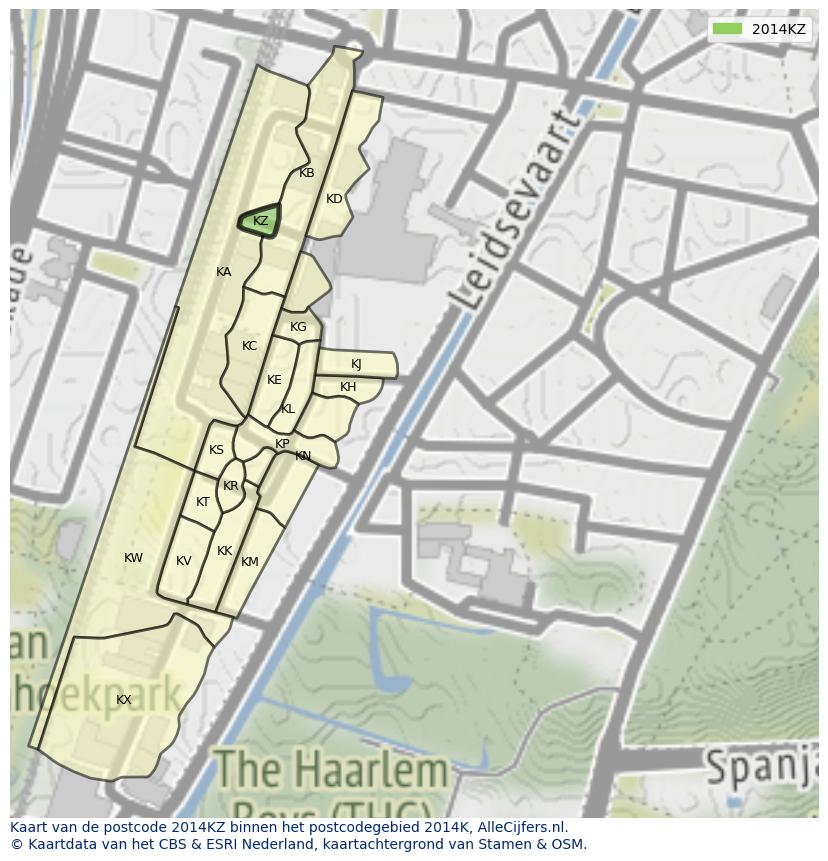 Afbeelding van het postcodegebied 2014 KZ op de kaart.