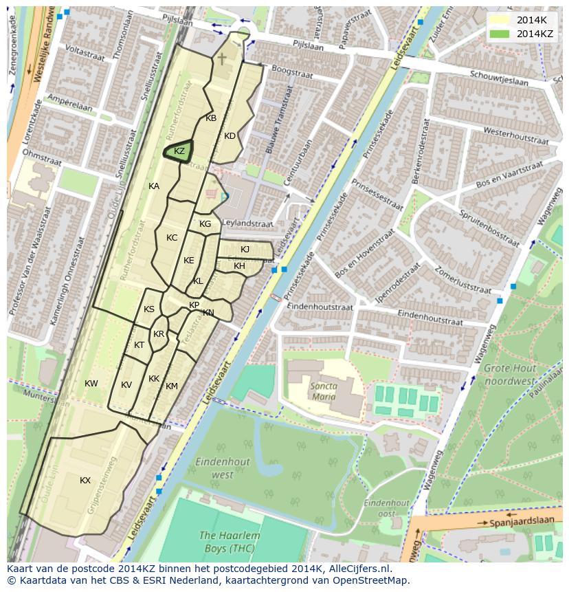 Afbeelding van het postcodegebied 2014 KZ op de kaart.
