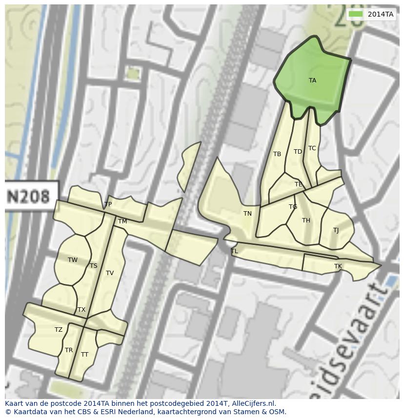 Afbeelding van het postcodegebied 2014 TA op de kaart.