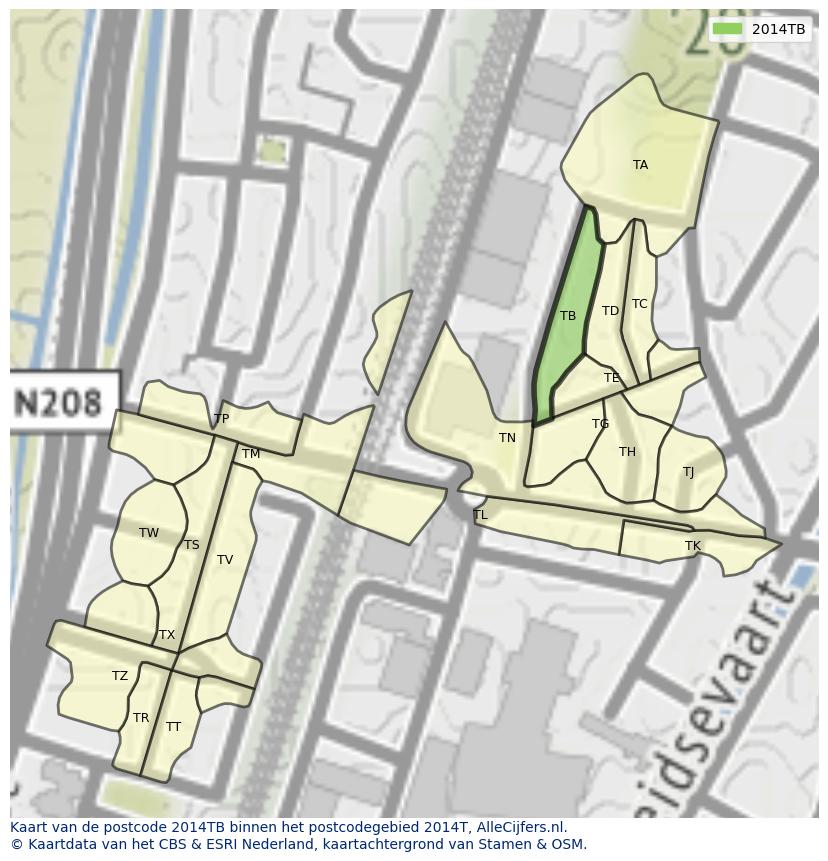 Afbeelding van het postcodegebied 2014 TB op de kaart.