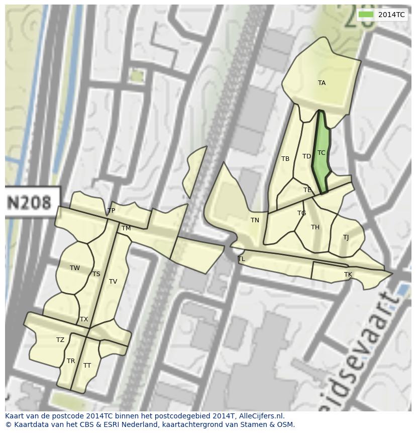 Afbeelding van het postcodegebied 2014 TC op de kaart.
