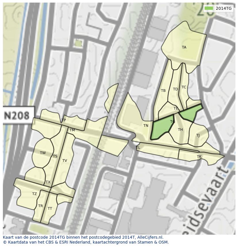 Afbeelding van het postcodegebied 2014 TG op de kaart.