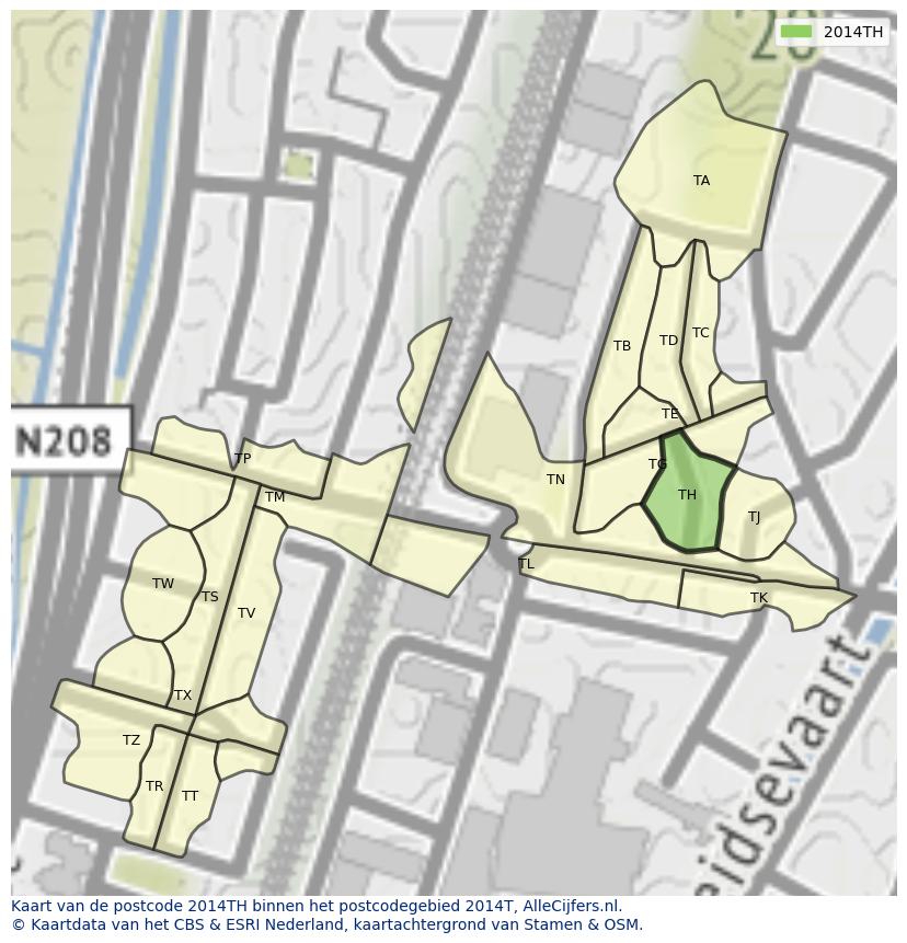 Afbeelding van het postcodegebied 2014 TH op de kaart.