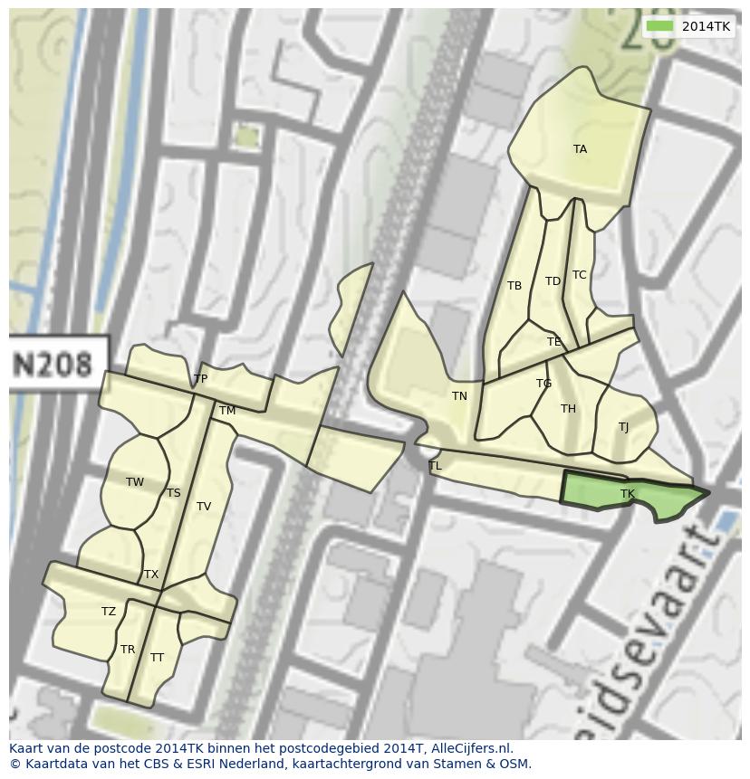 Afbeelding van het postcodegebied 2014 TK op de kaart.