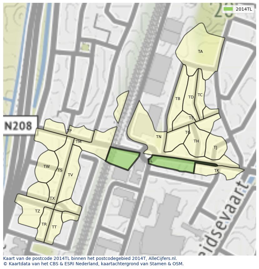 Afbeelding van het postcodegebied 2014 TL op de kaart.