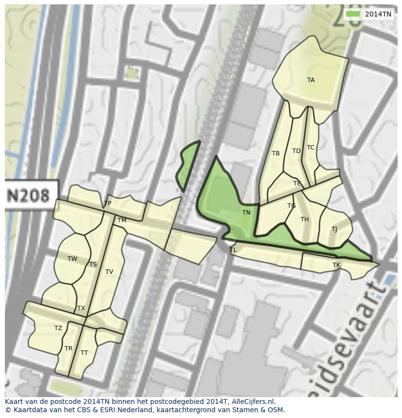 Afbeelding van het postcodegebied 2014 TN op de kaart.