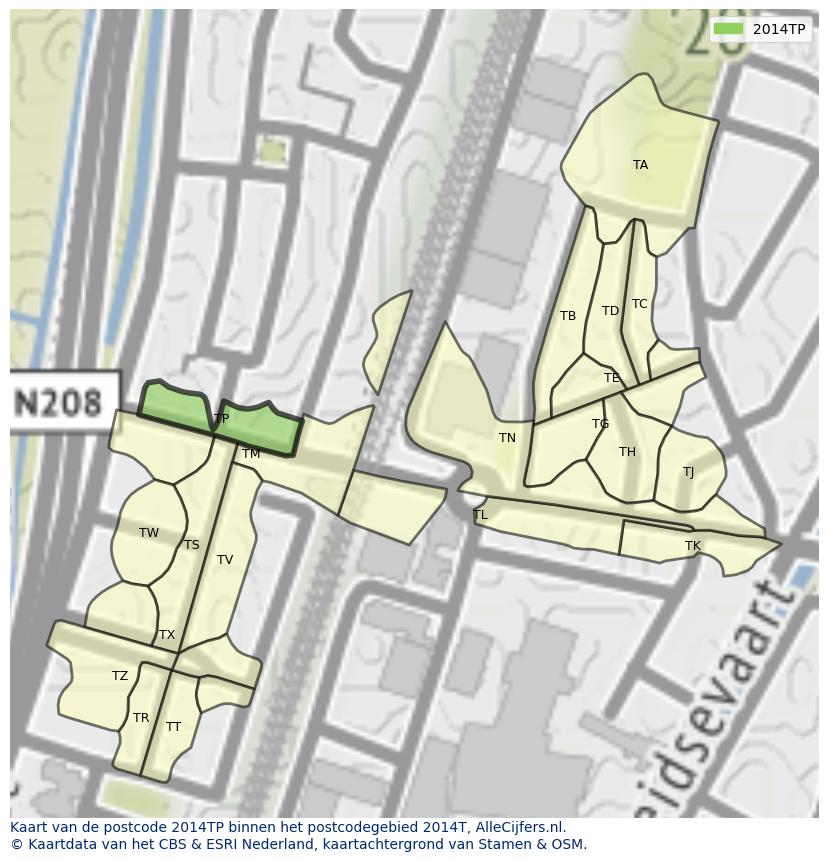 Afbeelding van het postcodegebied 2014 TP op de kaart.