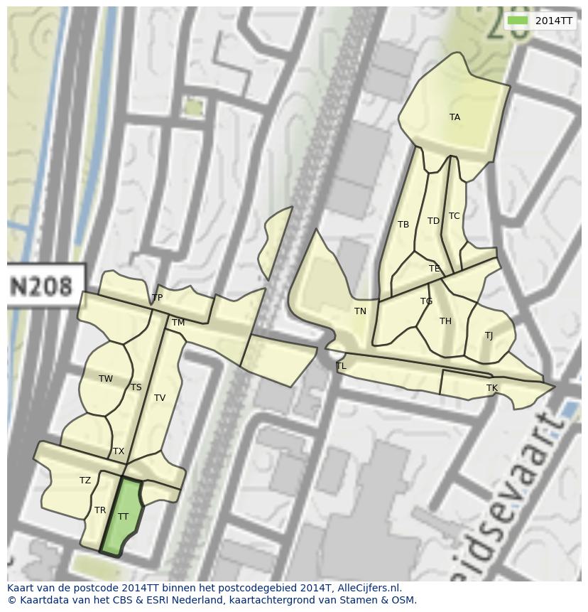 Afbeelding van het postcodegebied 2014 TT op de kaart.