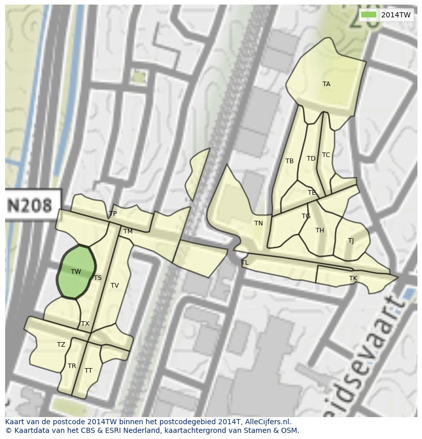 Afbeelding van het postcodegebied 2014 TW op de kaart.