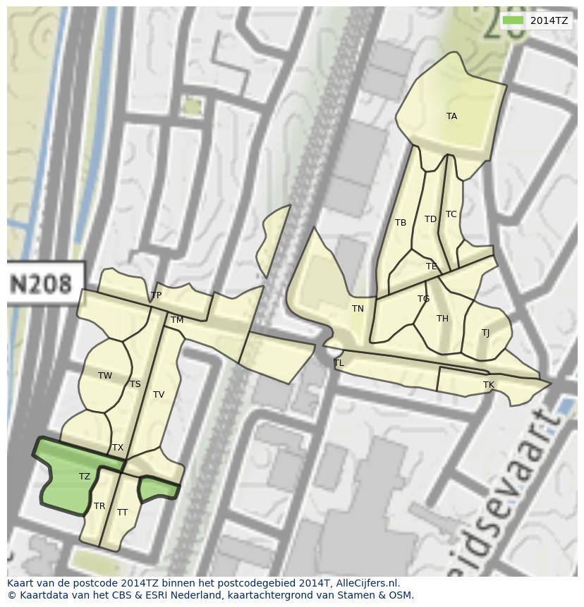 Afbeelding van het postcodegebied 2014 TZ op de kaart.
