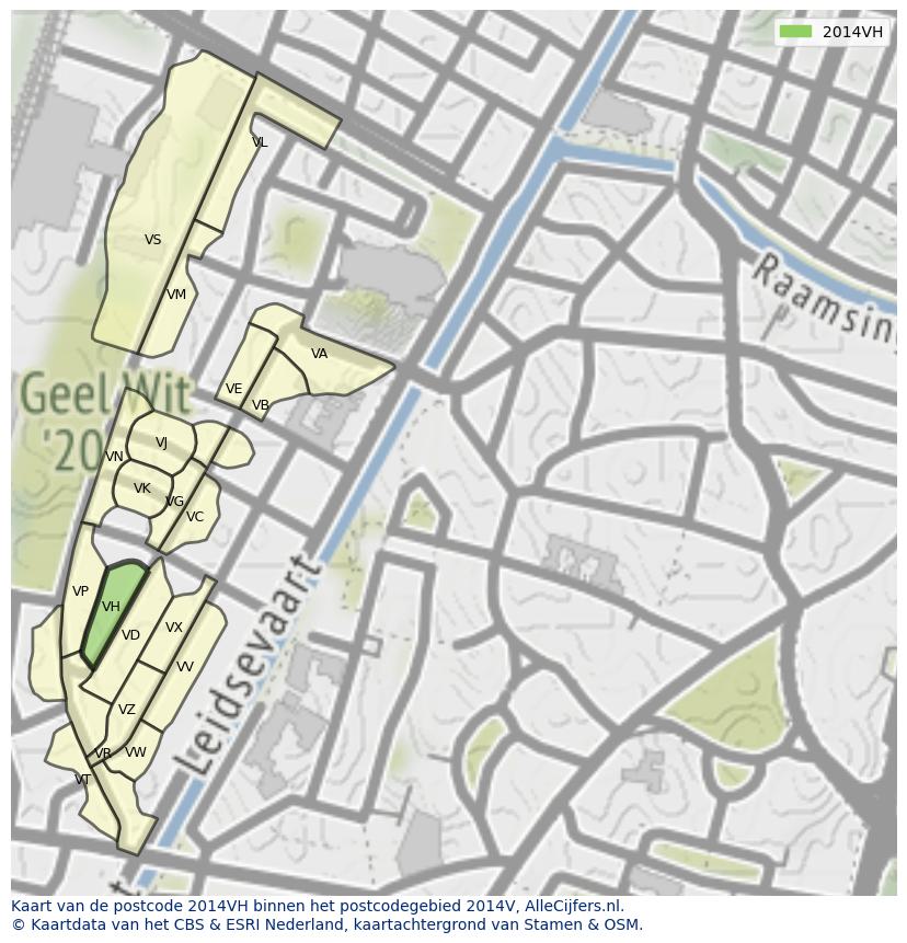 Afbeelding van het postcodegebied 2014 VH op de kaart.