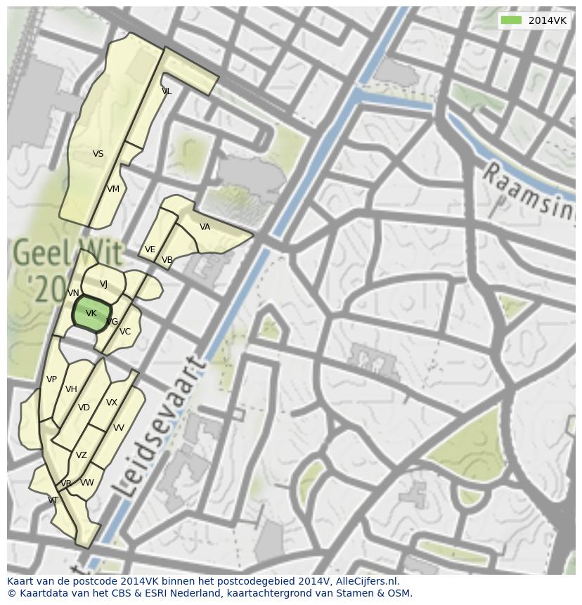 Afbeelding van het postcodegebied 2014 VK op de kaart.