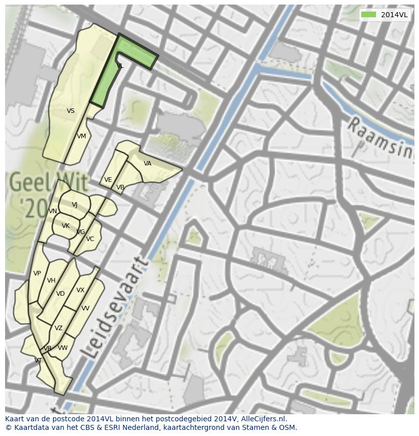 Afbeelding van het postcodegebied 2014 VL op de kaart.