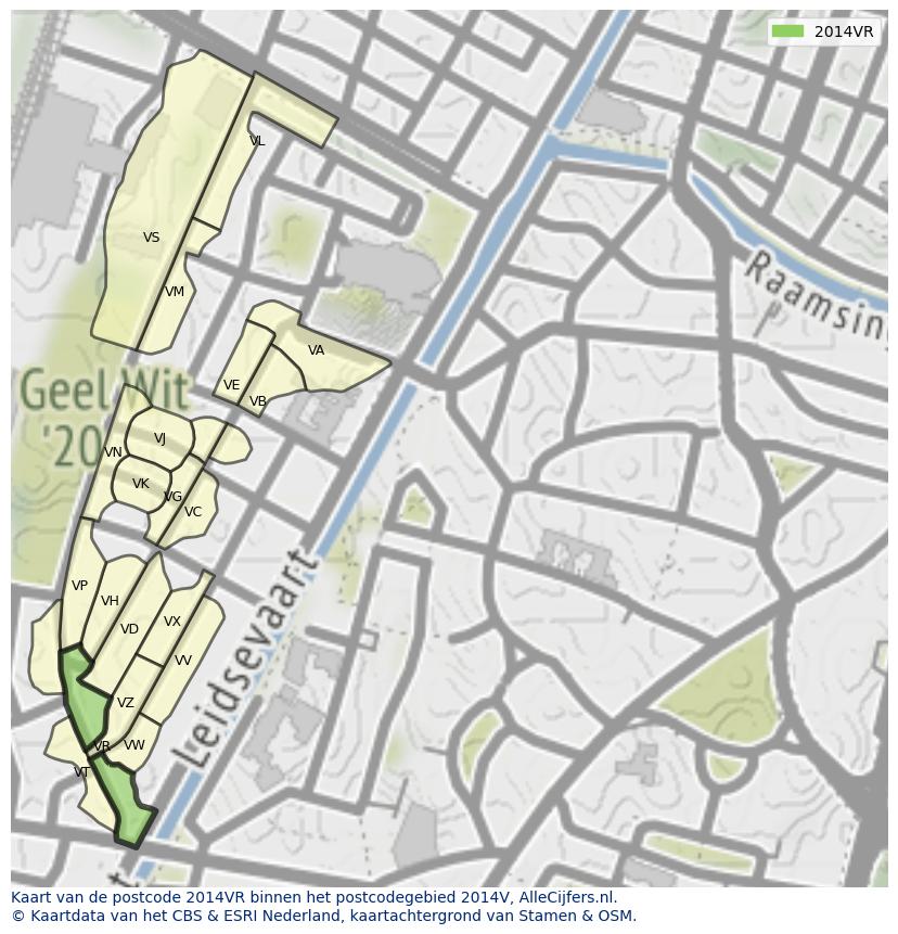 Afbeelding van het postcodegebied 2014 VR op de kaart.