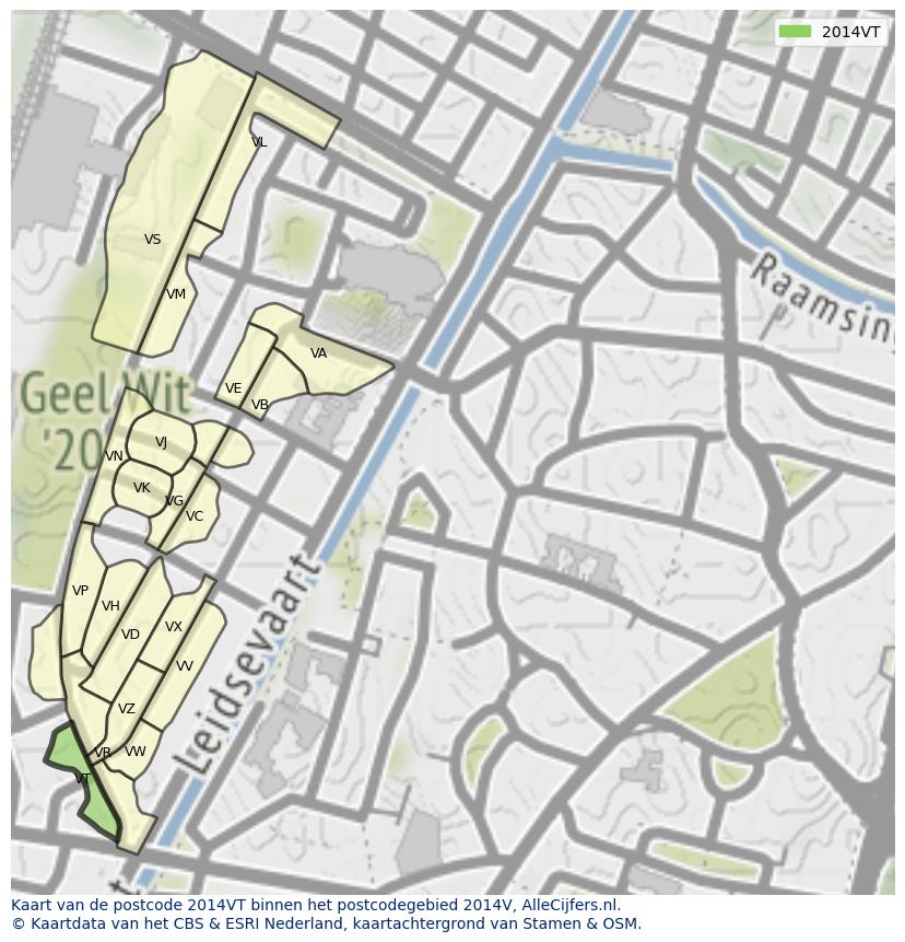 Afbeelding van het postcodegebied 2014 VT op de kaart.