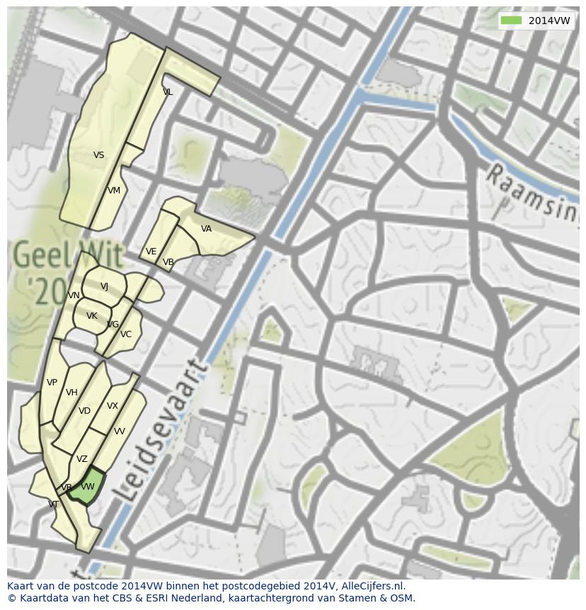 Afbeelding van het postcodegebied 2014 VW op de kaart.