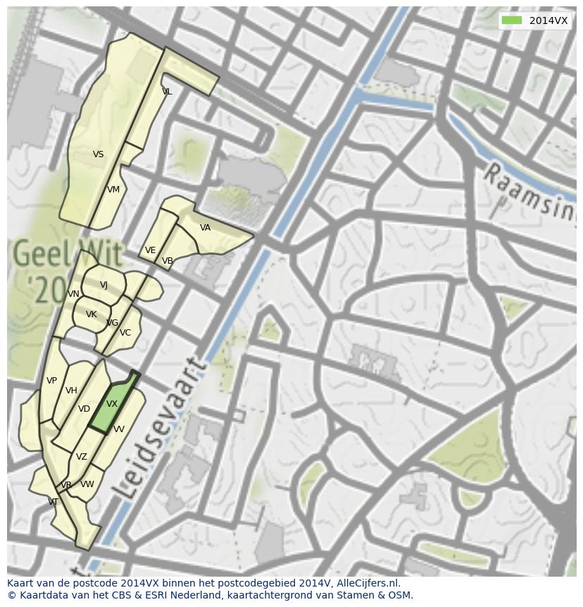 Afbeelding van het postcodegebied 2014 VX op de kaart.
