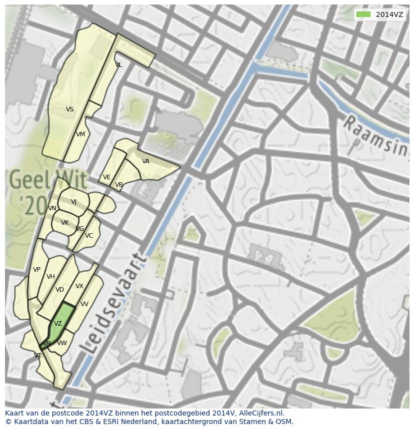 Afbeelding van het postcodegebied 2014 VZ op de kaart.