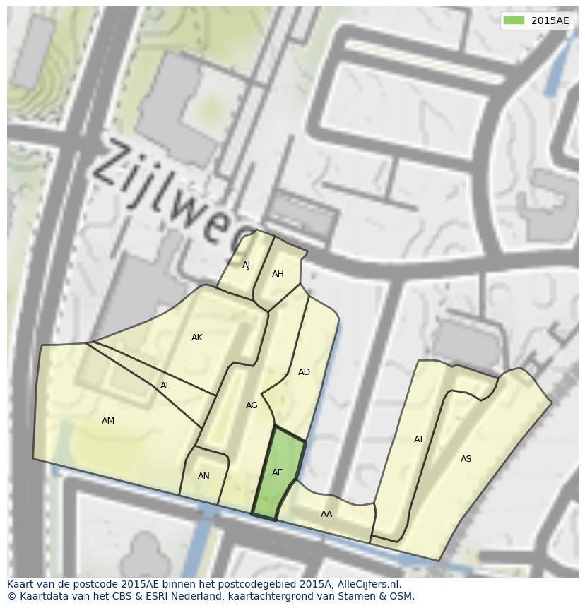 Afbeelding van het postcodegebied 2015 AE op de kaart.