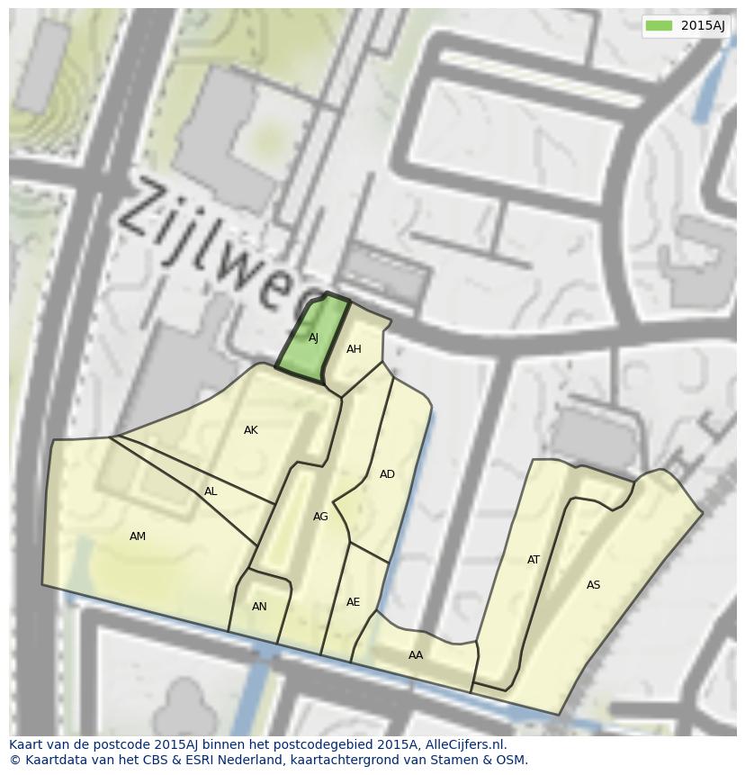 Afbeelding van het postcodegebied 2015 AJ op de kaart.