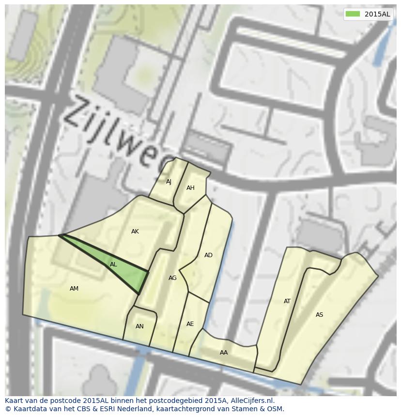 Afbeelding van het postcodegebied 2015 AL op de kaart.
