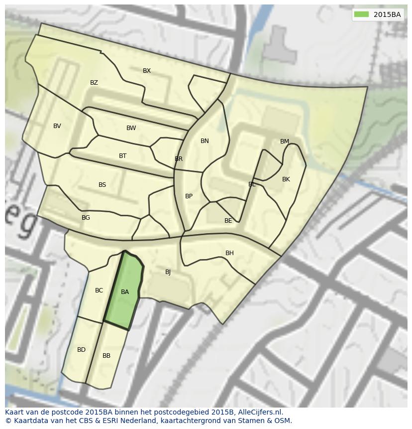 Afbeelding van het postcodegebied 2015 BA op de kaart.