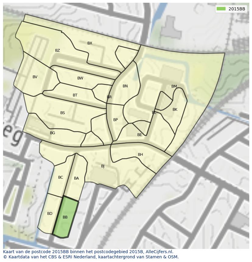 Afbeelding van het postcodegebied 2015 BB op de kaart.