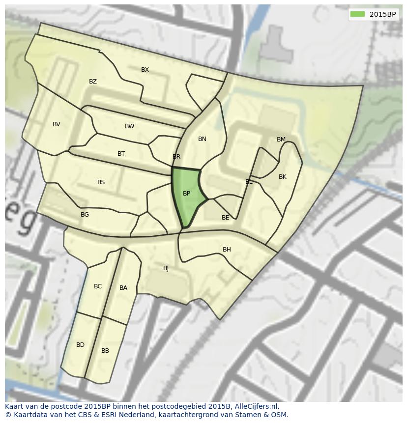 Afbeelding van het postcodegebied 2015 BP op de kaart.