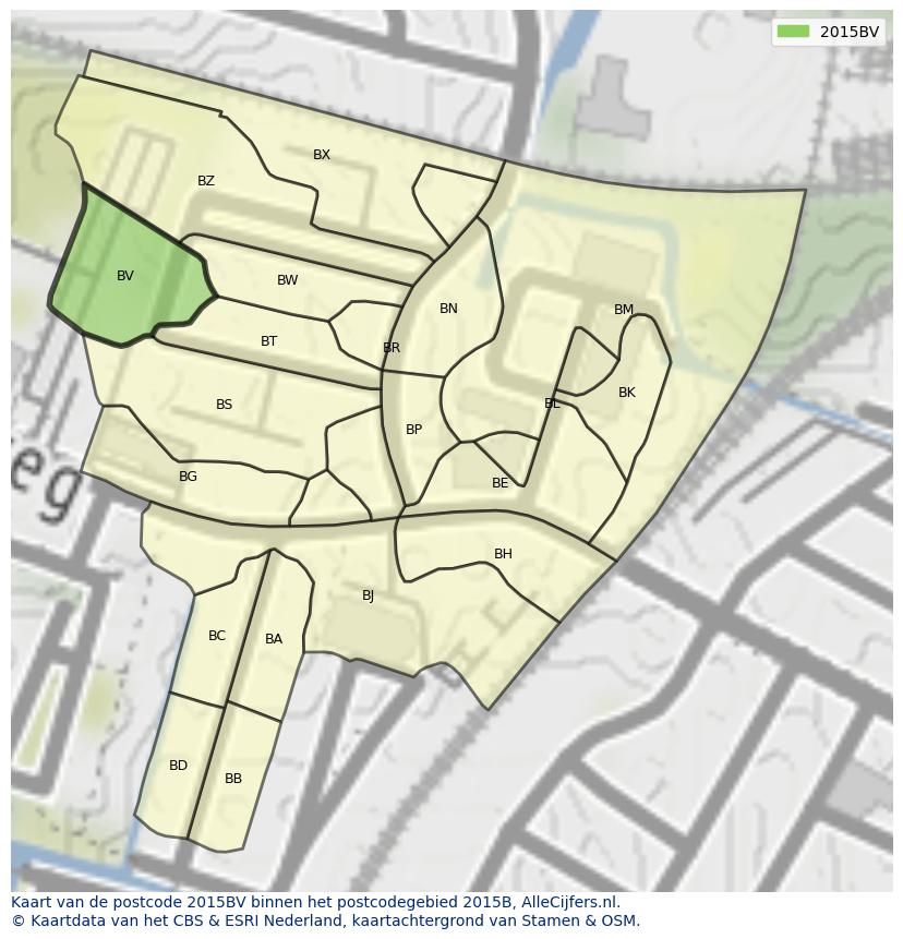 Afbeelding van het postcodegebied 2015 BV op de kaart.
