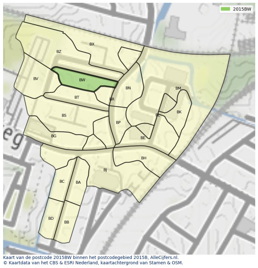 Afbeelding van het postcodegebied 2015 BW op de kaart.