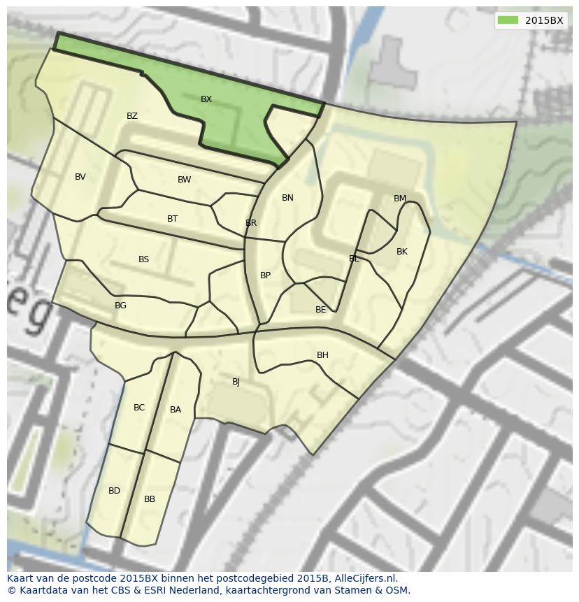 Afbeelding van het postcodegebied 2015 BX op de kaart.