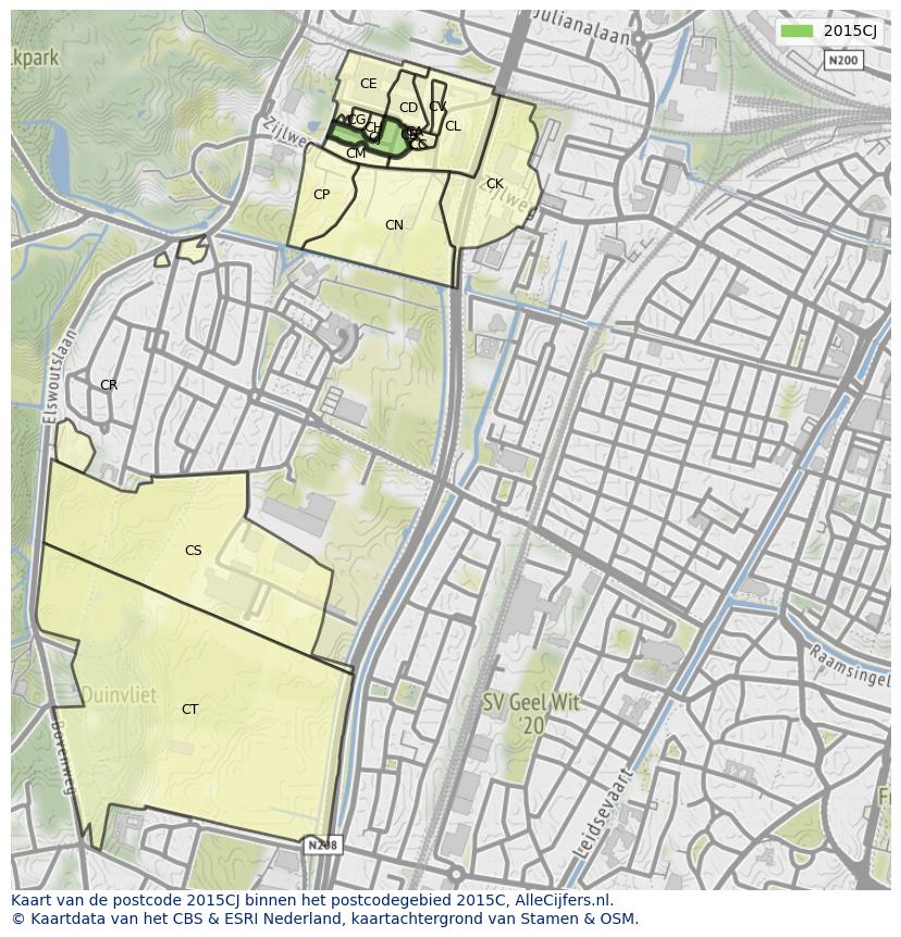 Afbeelding van het postcodegebied 2015 CJ op de kaart.