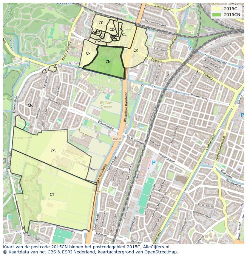 Afbeelding van het postcodegebied 2015 CN op de kaart.