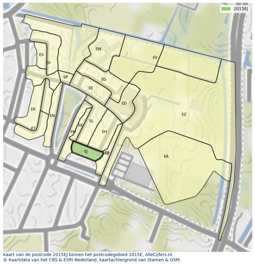 Afbeelding van het postcodegebied 2015 EJ op de kaart.