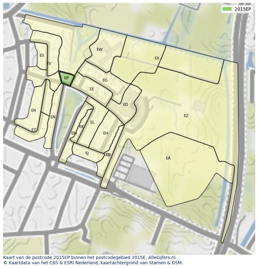 Afbeelding van het postcodegebied 2015 EP op de kaart.
