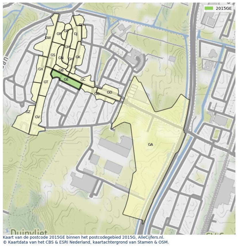 Afbeelding van het postcodegebied 2015 GE op de kaart.