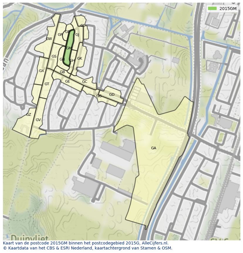 Afbeelding van het postcodegebied 2015 GM op de kaart.
