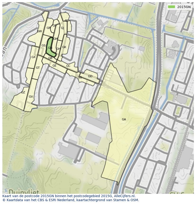 Afbeelding van het postcodegebied 2015 GN op de kaart.