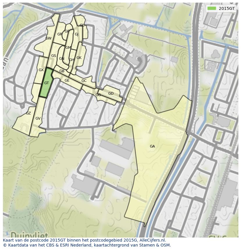 Afbeelding van het postcodegebied 2015 GT op de kaart.