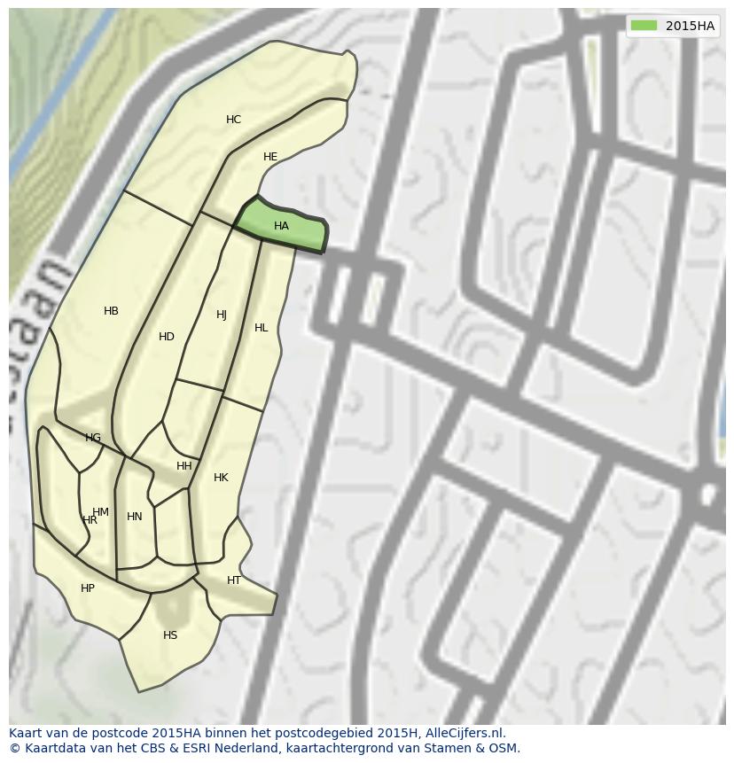 Afbeelding van het postcodegebied 2015 HA op de kaart.