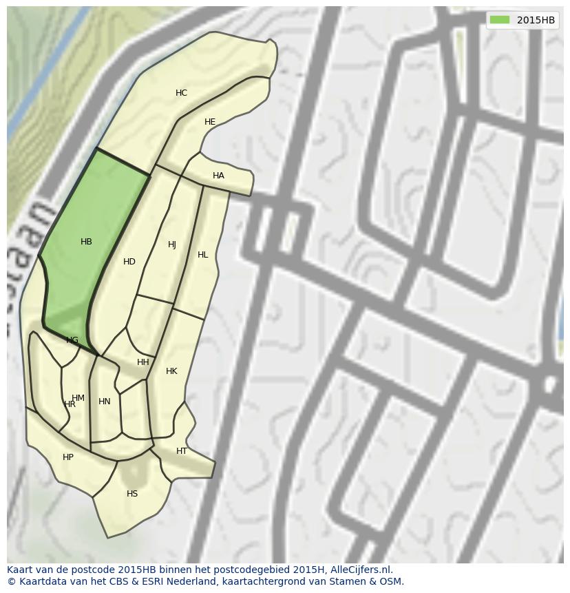 Afbeelding van het postcodegebied 2015 HB op de kaart.