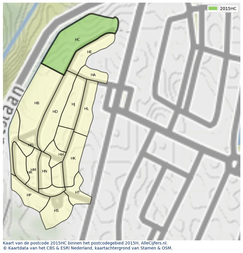 Afbeelding van het postcodegebied 2015 HC op de kaart.