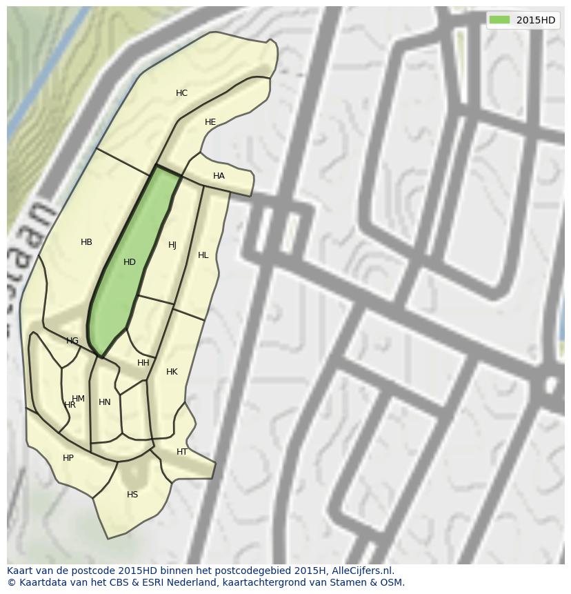 Afbeelding van het postcodegebied 2015 HD op de kaart.