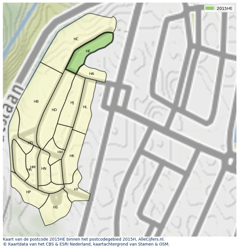 Afbeelding van het postcodegebied 2015 HE op de kaart.