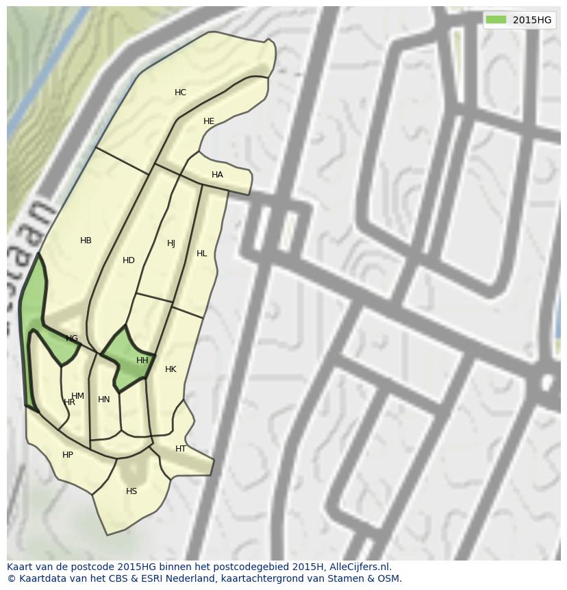 Afbeelding van het postcodegebied 2015 HG op de kaart.