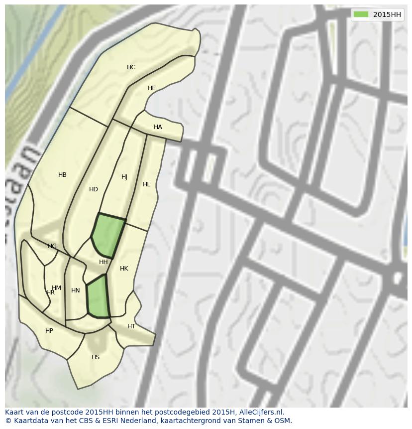 Afbeelding van het postcodegebied 2015 HH op de kaart.