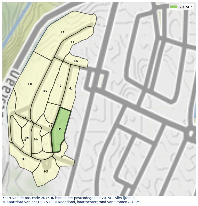 Afbeelding van het postcodegebied 2015 HK op de kaart.