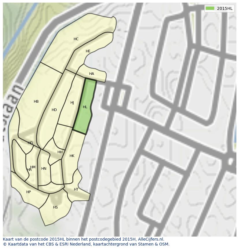 Afbeelding van het postcodegebied 2015 HL op de kaart.