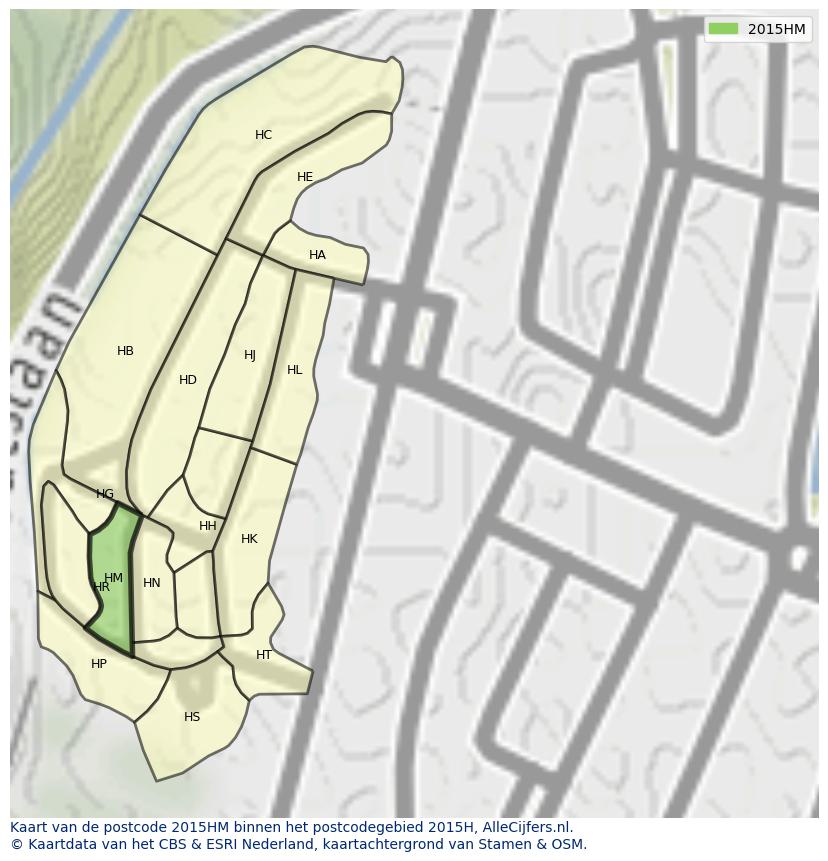 Afbeelding van het postcodegebied 2015 HM op de kaart.