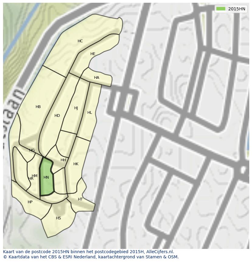 Afbeelding van het postcodegebied 2015 HN op de kaart.